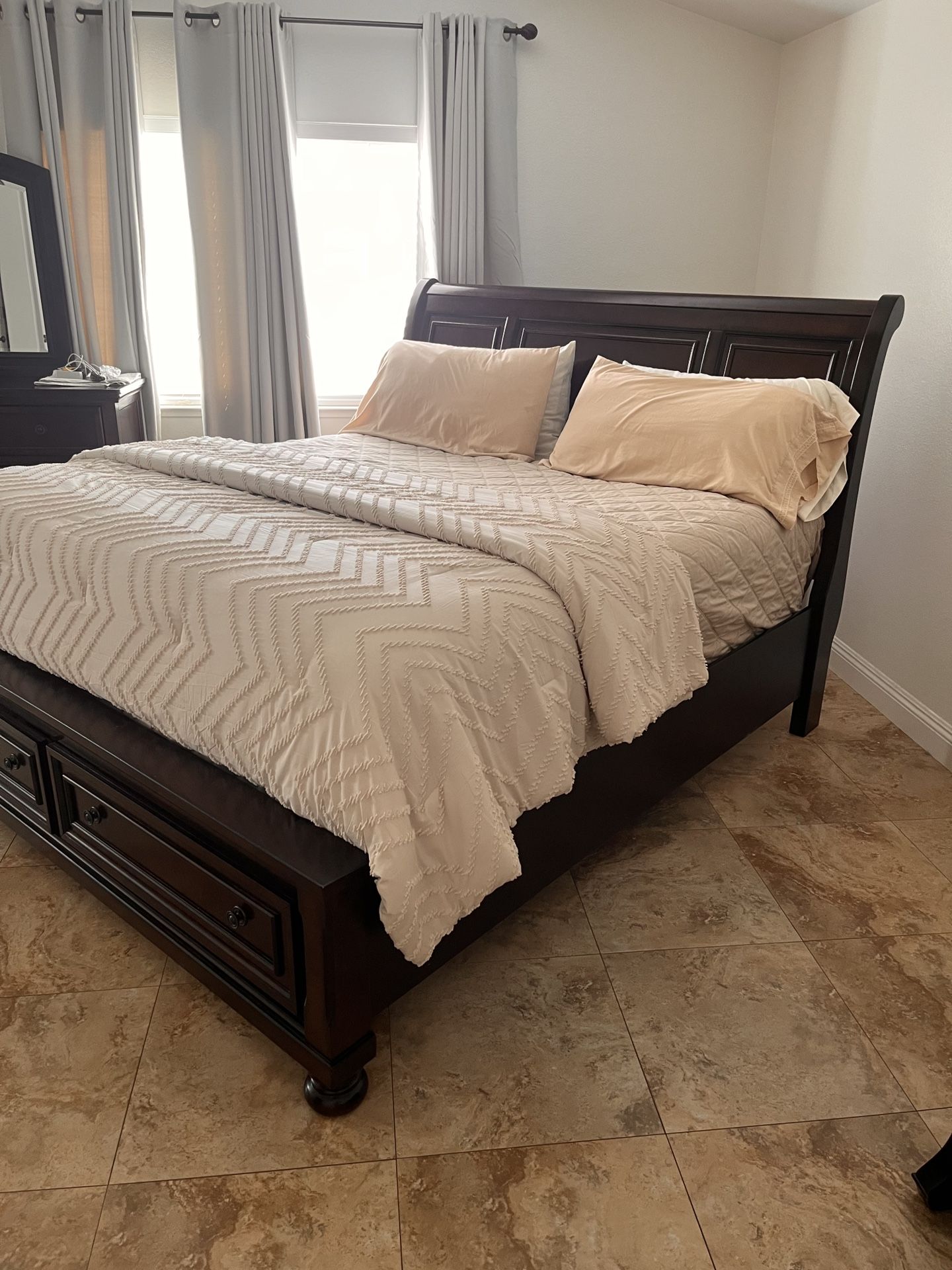 King Size Bed Frame, Mattress, Dresser, Mirror, & One Night Stand