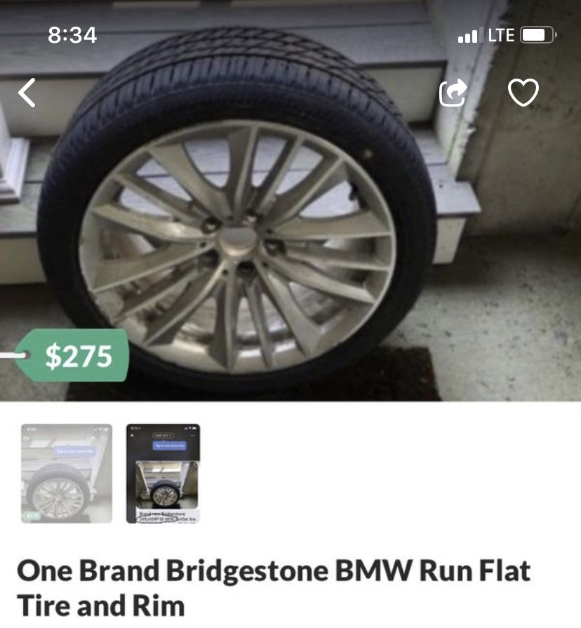 One unused Bridgestone BMW Run Flat Tire and Rim.
