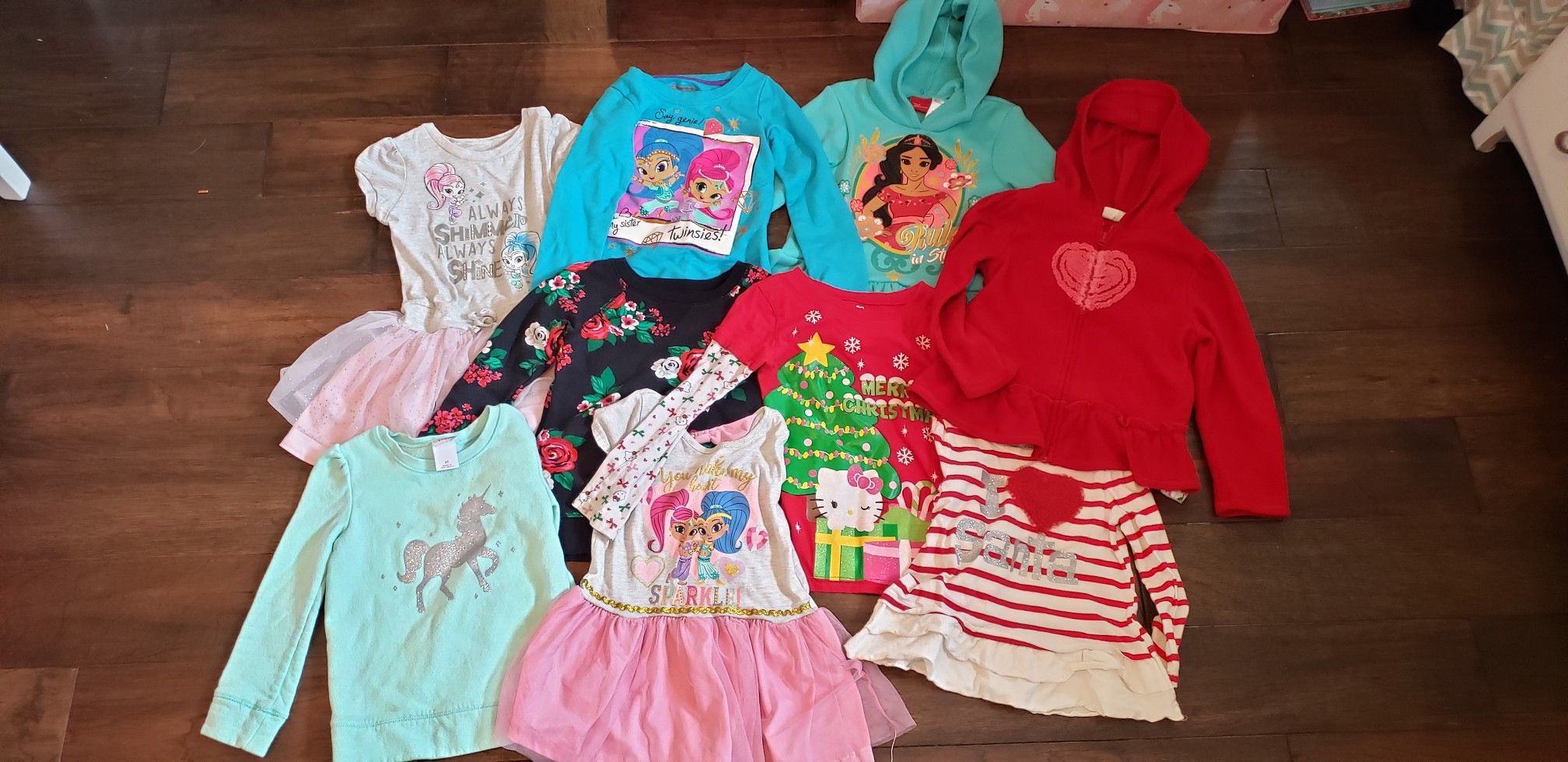 Girls Lot of 9 (4T-6T)clothes: Hello Kitty, Shimmer & Shine, Elena, Unicorn, Heart, Christmas