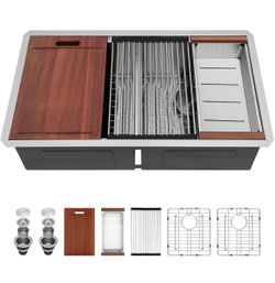 New 33 Double Kitchen Sink Stainless Steel 16 Gauge Undermount Workstation Double Basin 50/50