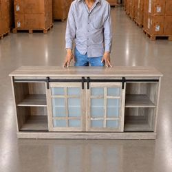 New In Box Heavy Duty TV Television Living Room Entertainment Stand Adjustable Shelf Barn Door Holds 65โ TV