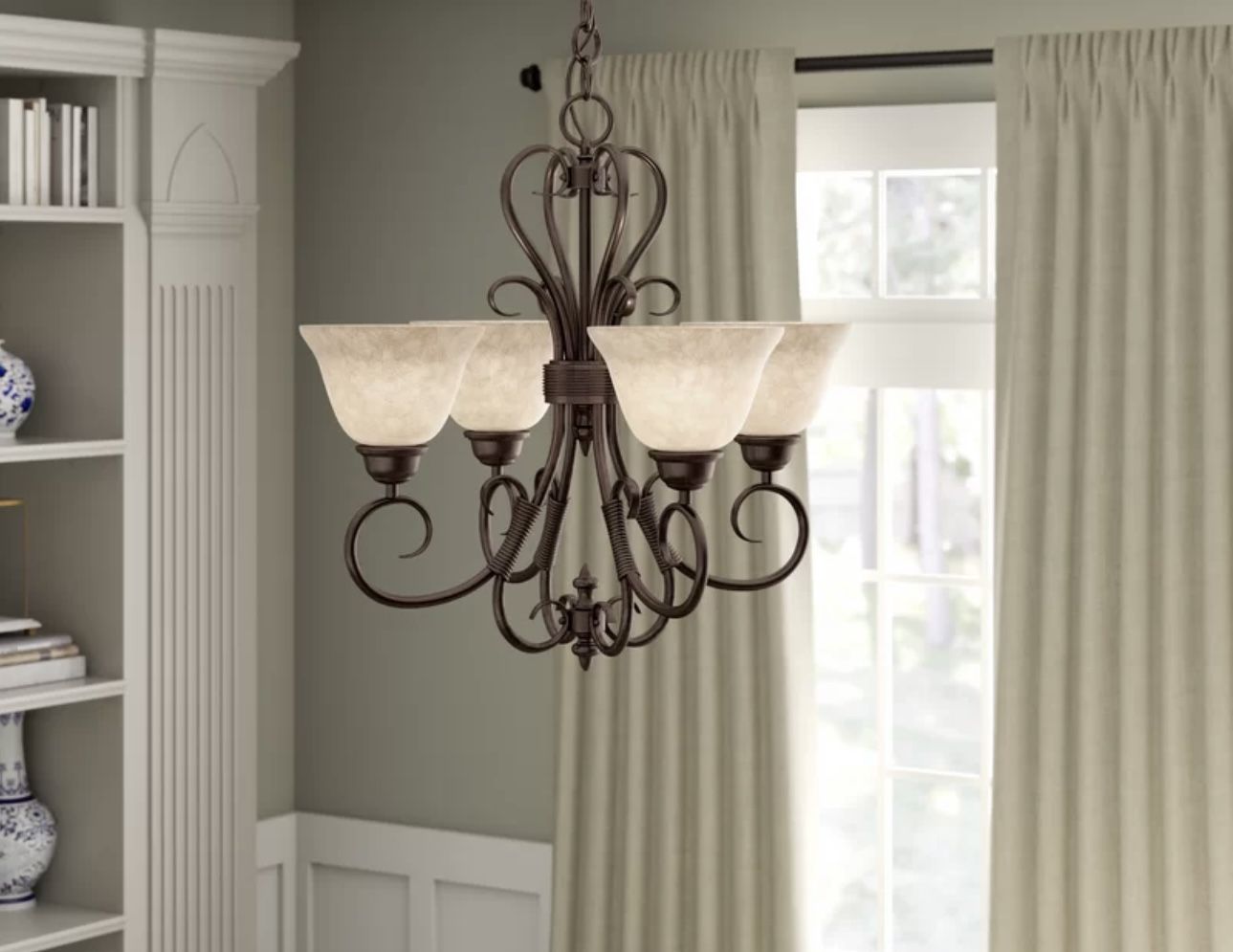 Karcher Dimmable Classic / Traditional Chandelier. 19'' H X 19'' W X 19'' D. Finish:  Rubbed Bronze. Shade Color:  Tea Stone Glass. MSRP  $313.55. Our