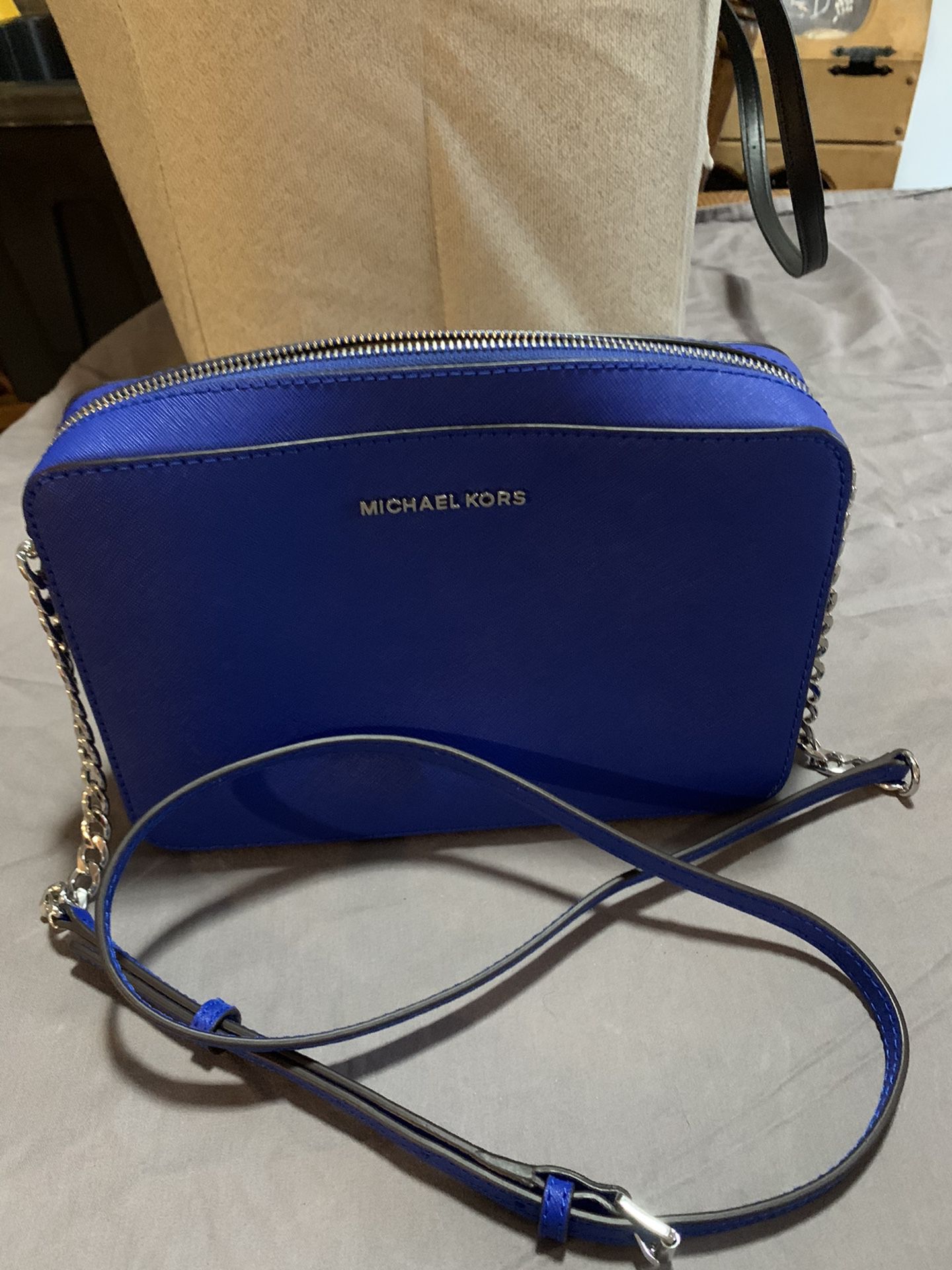 Authentic Michael Kors Square Lunchbox Style Blue YKK Zipper Strapped Purse Handbag
