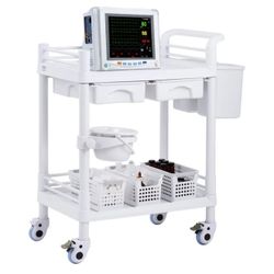 VEVOR 2 Tiers Lab Carts, Lab Utility Cart with 2 Trays, 2 Drawers & 4 Silent Wheels, Mobile Medical Cart with PP Material, Lab Rolling Cart with 3 Tra