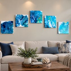 5-Piece Blue & Turquoise Abstract Canvas Wall Art Set – 12” × 12” Each