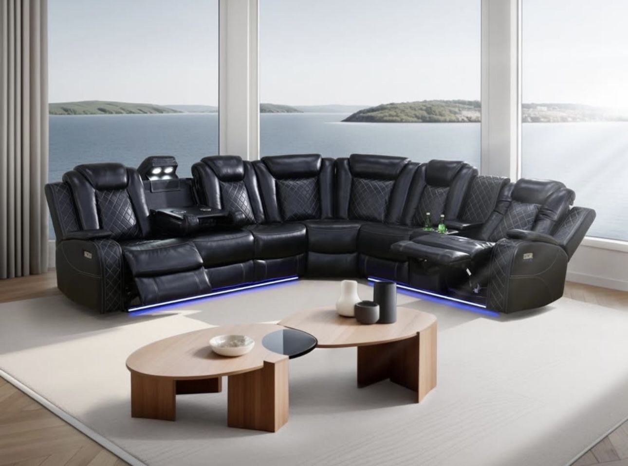 Power Electric Black Leather Fully Reclining Sectional Couch