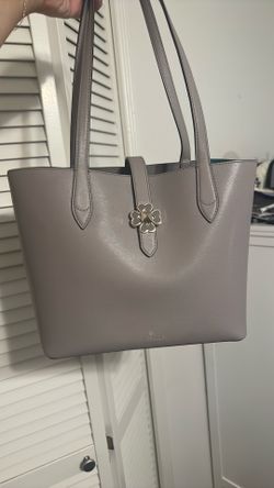 Kate Spade Light Gray Flower Closure Leather Handbag with Green Lining