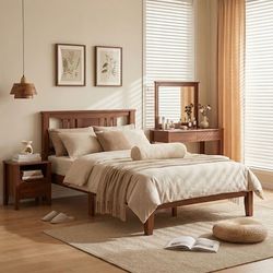 Sweetcrispy Twin Walnut Finish Platform Bed Frame with Headboard
