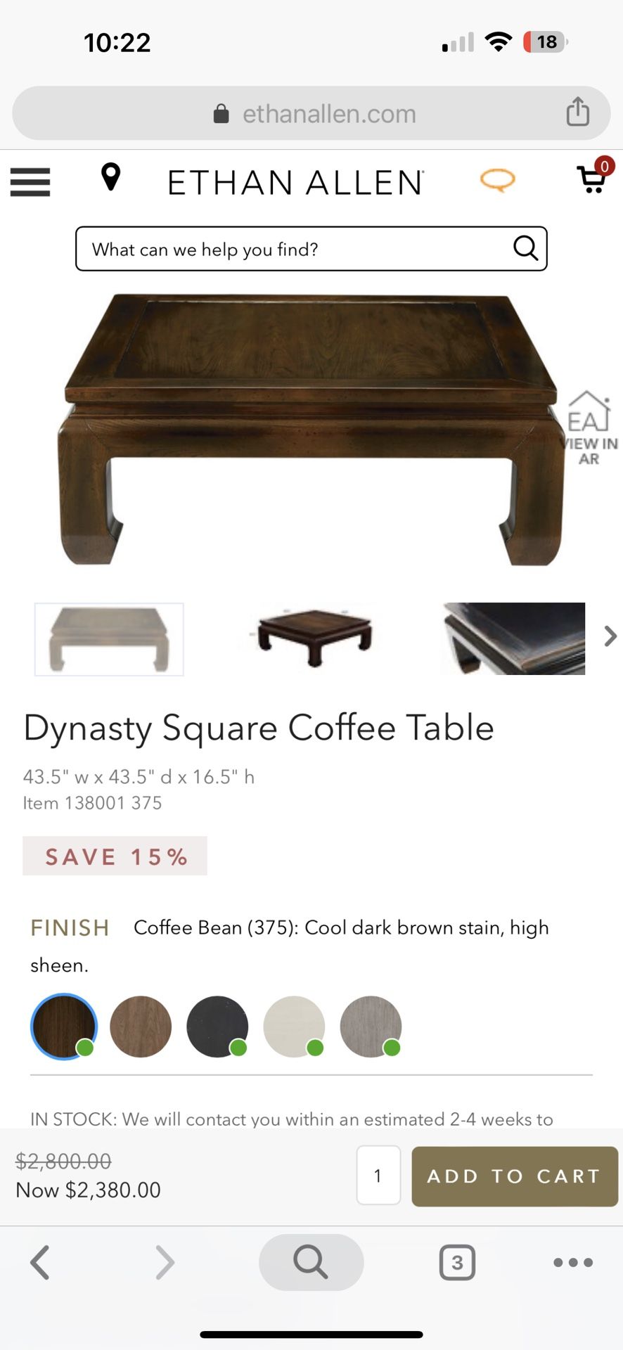 Ethan Allen Dynasty Square Coffee Table