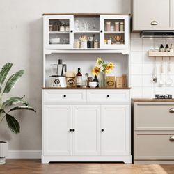71'' Kitchen Pantry Buffet Hutch, Freestanding Storage Cabinet with Countertop & Adjustable Shelves, Food Cupboard with Doors and Drawers, White