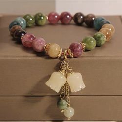 Bohemian Style Multicolor Synthetic Gemstone Bracelet with Beaded Tassel Pendant and Golden Spacers 