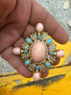 Vintage Pauline Rader Signed Faux Coral Domed Cabochon & Rhinestone Brooch