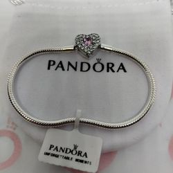 New Pandora Moments Sparkling Heart Claps Snake Chain Charm Bracelet For Women's Size 7.5 Inches