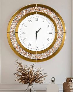 Crushed Diamond Wall Clock: Round Mirrored Clock 31.5 inch Brown Decorative Mirror Decor Wall-Mounte