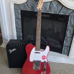 Fender squire telecaster red sparkle finish and mustang lt25 guitar amp