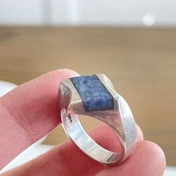 Vintage Solid Sterling Silver Chunky Mens Inlaid Lapis Ring for Men's size：9.5