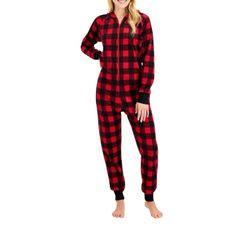 Womens One Piece Pajama Soft Stretch Fleece Red Plaid Family PJs size Large NEW