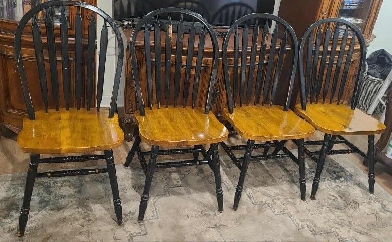 Rustic Dining Table Chairs(4) Black And Oak/Farmhouse/Country/French/Western/Distressed/Shabby/Rare/Set/Antique/Windsor/ Real Wood/Black