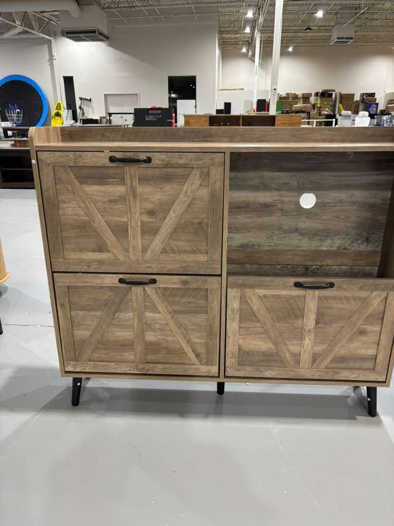 M-New (Missing 1 Drawer) Farmhouse Freestanding Entryway Storage Shoe Rack Cabinet with 4 Flip Drawers Top Open Shelf | Adjustable Compartment Metal F