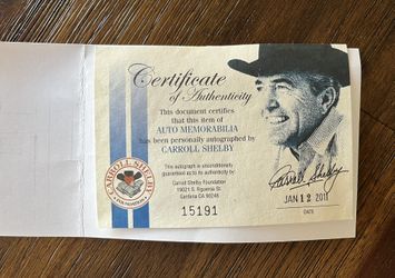 Carroll Shelby COA Certificate 