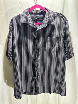 George Men's L Black Gray Striped Short Sleeve Button Front Shirt GM11119