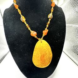 Dyed Agate Yellow Pendant and Tiger Eye  Beaded Necklace 16"