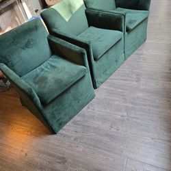 Three Emerald Green Velvet Swivel Dining Chairs