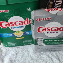 NEW Cascade Complete 63 action pacs 2.06 lb. Cascade Platinum 3 pack dishwasher cleaner. East, west, north