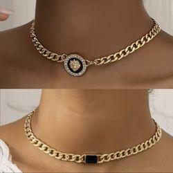 2 Pcs Lion Head Enamel Chokers Set For Women Gold Color Cuban Chain Crystal Stone Surround Round Square Charm Necklace
