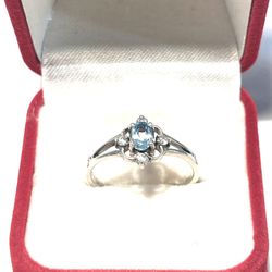New .925 Silver Ring With Aquamarine And Cz Diamonds. Size 10.