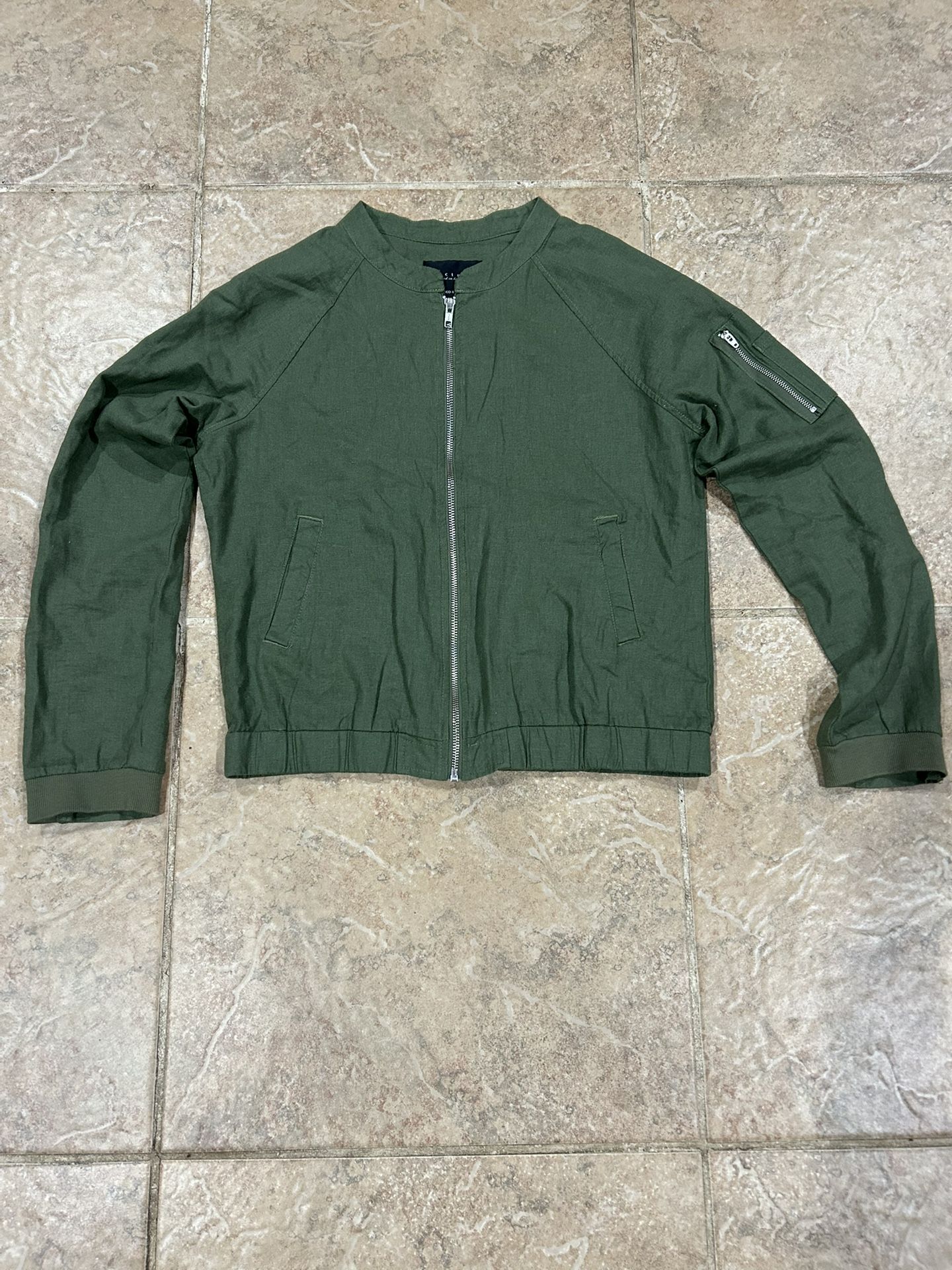 Sanctuary Medium Army Green Linen/Viscose Zip Up Bomber Jacket Top