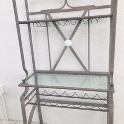 Bronze Hammertone Bakers Rack. Features A Wine Rack Underneath And Wine Glass Rack On Top