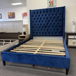 Queen Blue Velvet Platform Bed Frame 