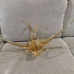 Chalet MCM Freeform 4Point Amber/Yellow  Art Glass Bowl 23” By 11.5” Signed