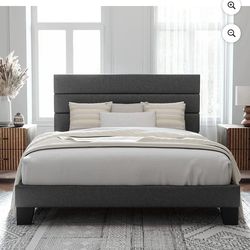 Queen Size Platform Bed Frame with Fabric Upholstered Headboard and Wooden Slats Support, Fully Upholstered Mattress Foundation/No Box Spring Needed/E