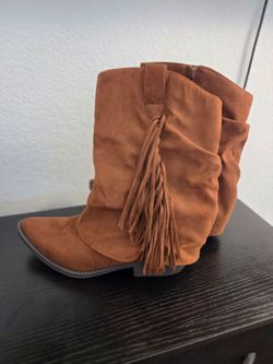 Brown Suede Fringe Mid-Calf Boots