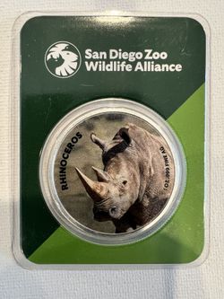 1 Oz Fine Silver Round - San Diego Zoo Wildlife Colorized Rhinoceros Round 