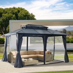 10'x13' Hardtop Gazebo, Outdoor Polycarbonate Double Roof Canopy, Aluminum Frame Permanent Pavilion with Curtains and Netting, Sunshade for Garden, Pa