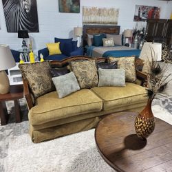 Gorgeous Craftmaster Vintage Sofa with Wood, leather and nail head trim. Read Description for Info
