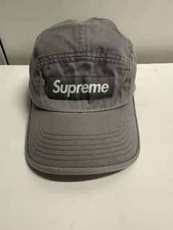 Supreme Box Logo Camp Cap Gray 5 Panel Leather Strap Made In USA Hat.