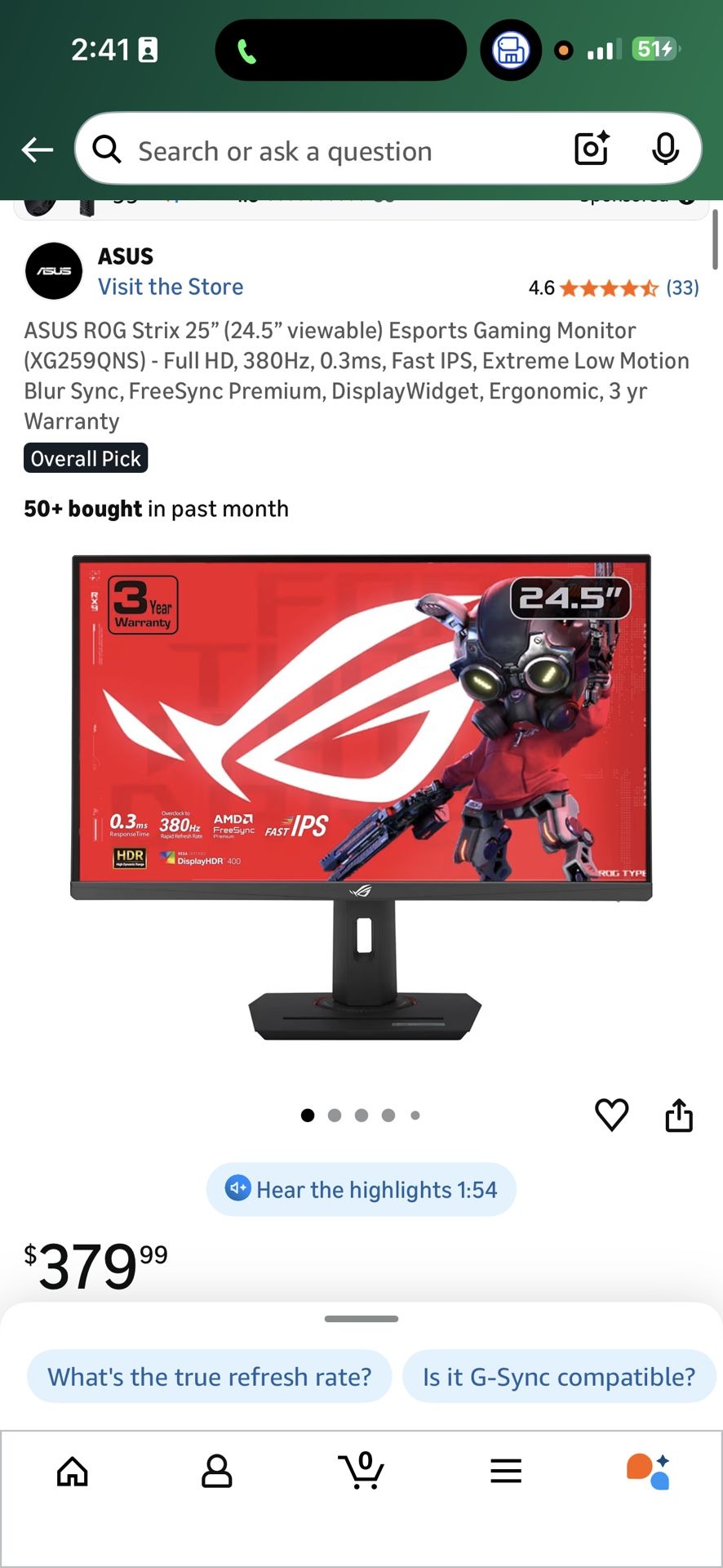 ASUS ROG Strix 25” (24.5” viewable) Esports Gaming Monitor (XG259QNS) - Full HD, 380Hz, 0.3ms, Fast IPS, Extreme Low Motion Blur Sync, FreeSync Premiu