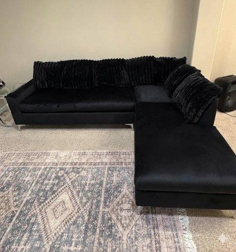 Brand New Black Velvet L Shape Sectional Sofa With Pillows | Pay After Delivery 🚚
