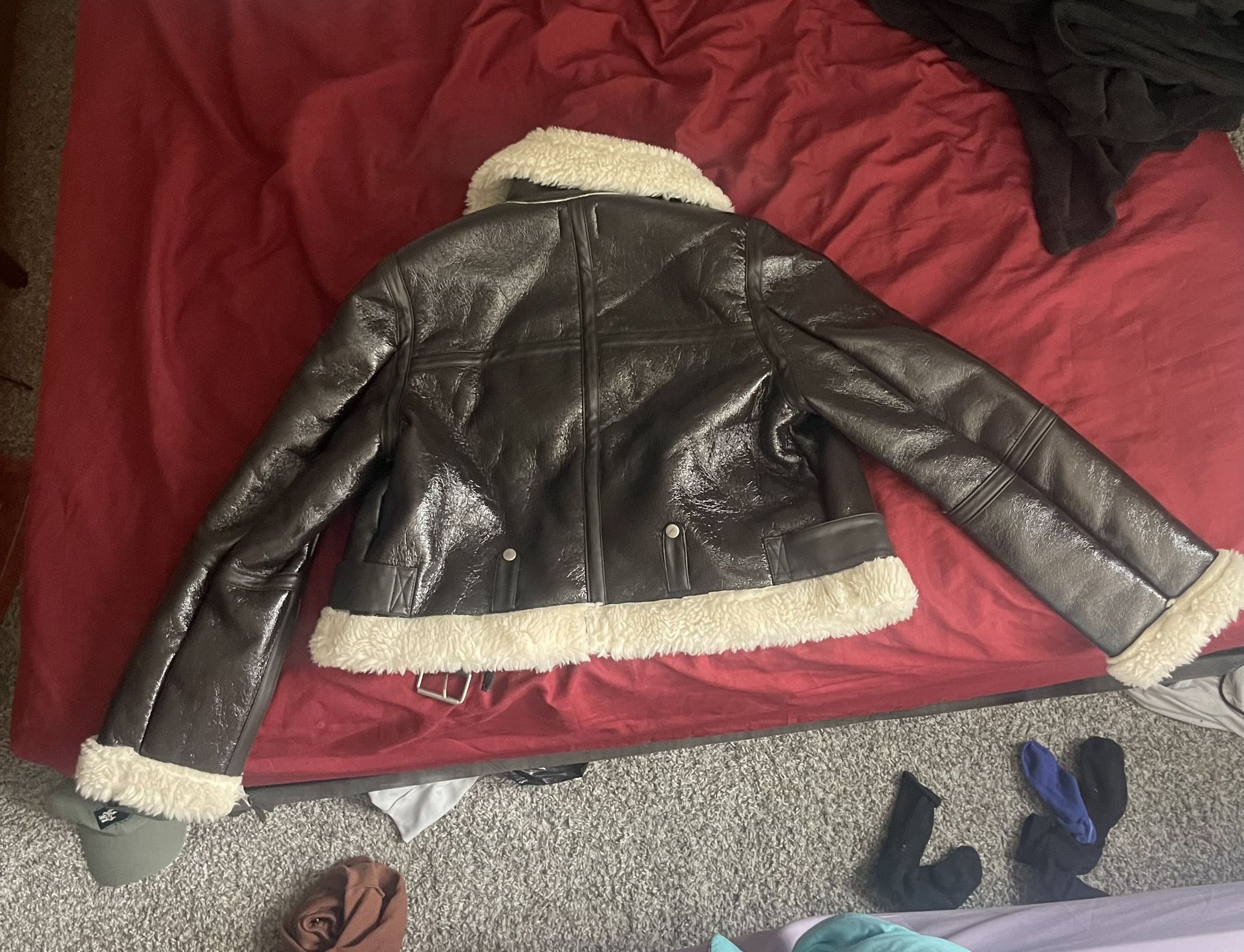 Unused Urban Outfitters Jacket Sherpa Moto Brown Textured Faux