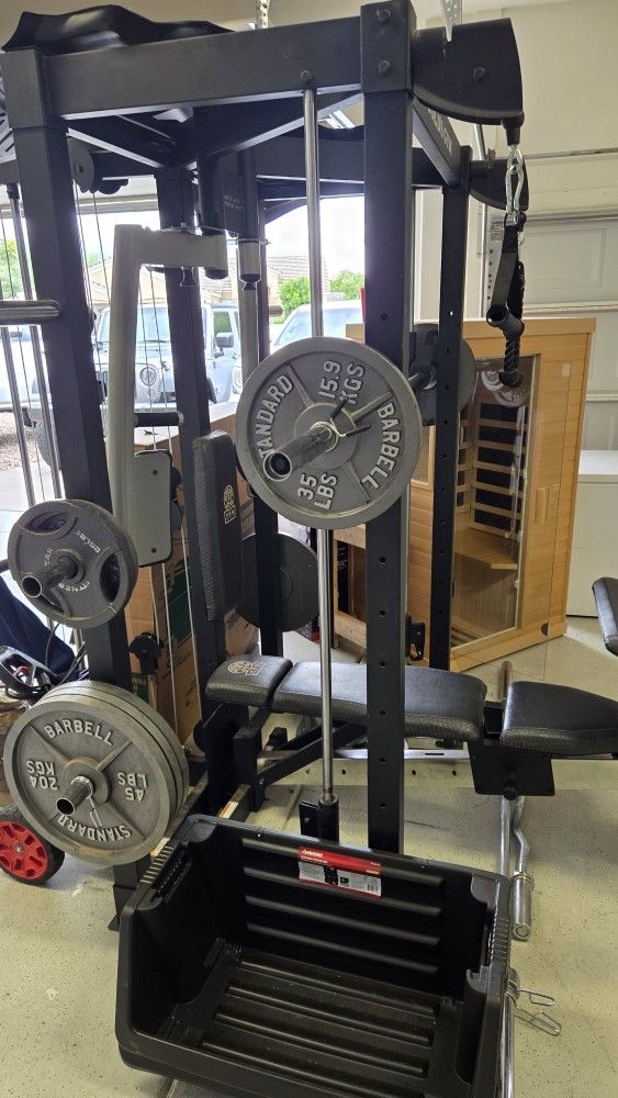 Golds Full Gym With Curl And Bench Bar Bell And Weights