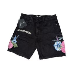 Homme Femme Men’s Size 32 Black Denim Shorts with Floral & Bird Embroidery NWT