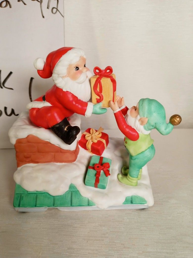 Christmas Enesco Vintage Ceramic Santa and Child Chimney Music Box 1989 RARE WRK