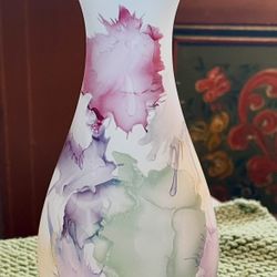 Hand Painted Abstract Blown Art Glass Bud Vase ILANIT OLAMTOV JERUSALEM 8.5". vintage.