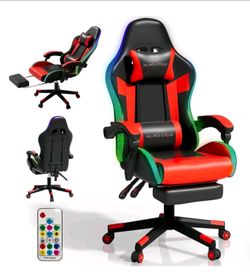 🔥new inbox🔥 RGB Gaming Chair with Footrest, Ergonomic Computer Desk Chair with Lumbar Support and Adjustable LED Lights, 135° Reclining, Red