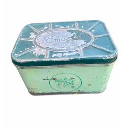 VINTAGE 1940s EMPECO TIN BREAD BOX Dual Tone Green Orchard Motif Great Patina!