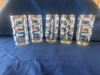 Vintage Mid-Century Modern Atomic Floral Highball Glasses, White Geometric Pattern, Set of 5